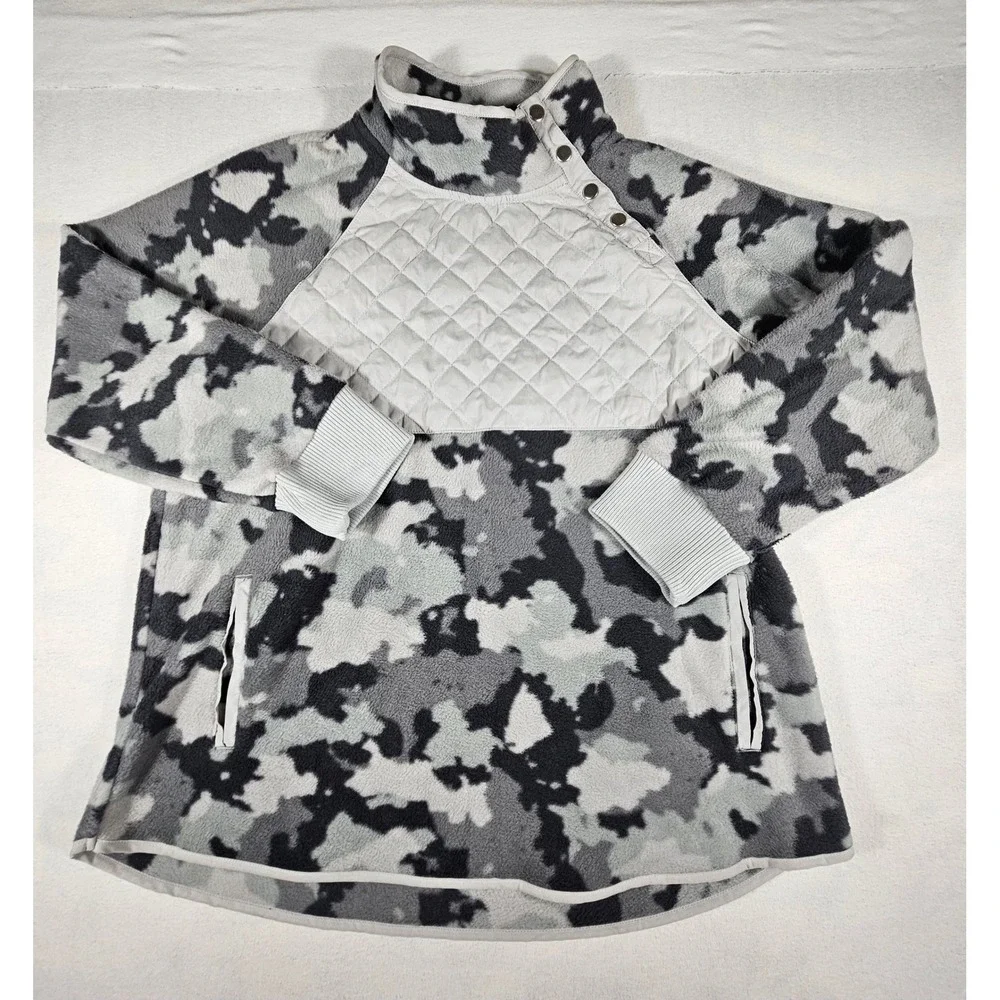 Kyodan Outdoor Womens XXL Grey Camo Fleece Quilted‎ Snap Neck Pullover Jacket